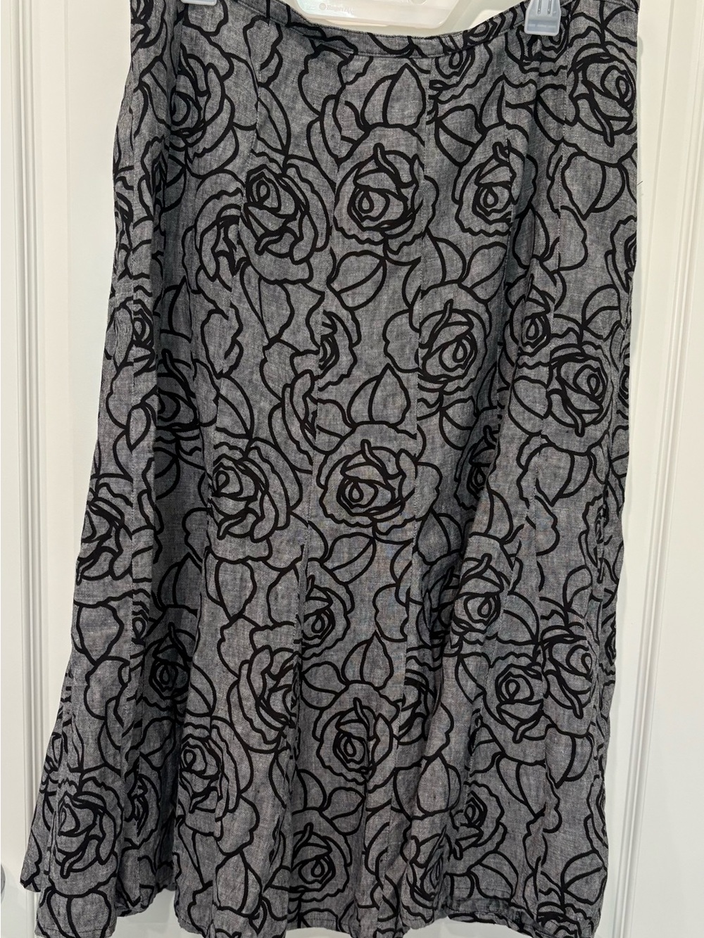 JM Collection Linen Panel Midi Skirt Black Line Art Roses Lagenlook Size 14 EUC